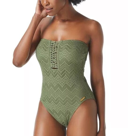 VINCE CAMUTO Crochet Bandeau One-Piece Swimsuit safari green New 8 - Picture 8 of 16